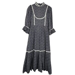 Meadows Blue Floral Lace Trim Tiered Cotton Maxi Dress Size US 4 Prairie Cottage